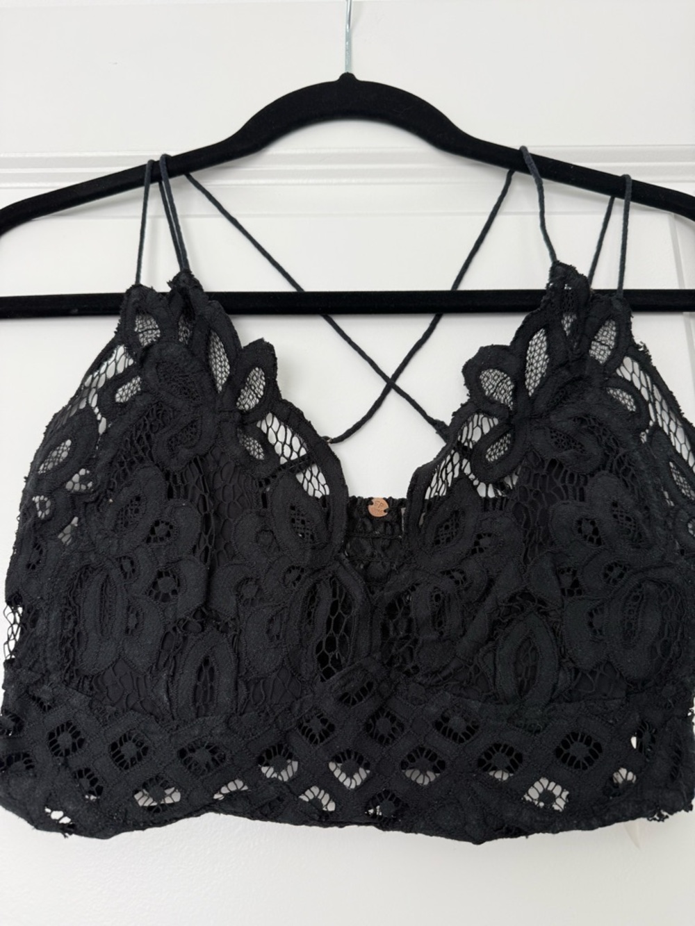 Free People Black Floral Lace Cropped Bralette with Strappy Back
